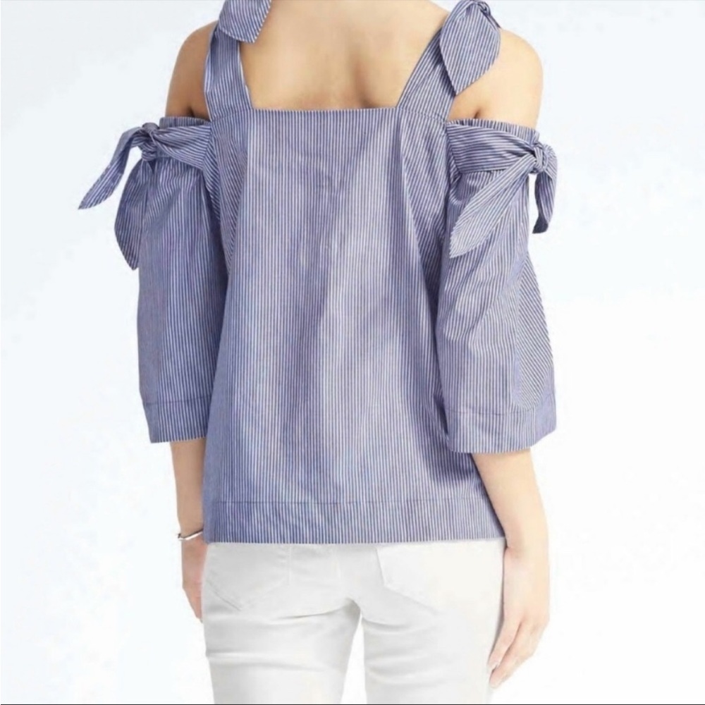Banana Republic Double Bow Cold Shoulder Striped Top Blue White Coquette Stripe - Picture 12 of 13